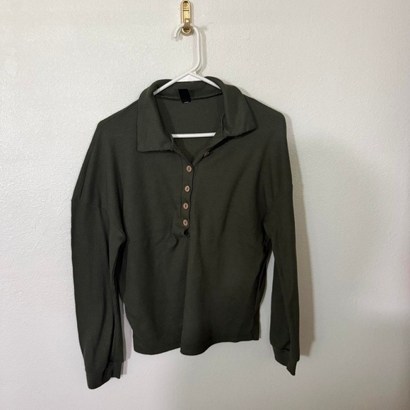SHEIN Tops - SHEIN Ribbed Polo Top Womens XS Green Long Sleeve Collared Casual Shirt